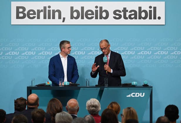 German Chancellor Merz and CDU candidate Evers lead final campaign push for Berlin state election BERLIN, GERMANY – SEPTEMBER 17: Federal Chancellor Friedrich Merz and CDU Berlin lead candidate Stefan Evers take part in the final phase of the CDU’s Berlin election campaign under the motto: Keeping Extremists Out of Power. Solutions from the Centre , at the CDU Federal Headquarters in Berlin, Germany, on September 17, 2026. The Berlin House of Representatives election will take place on September 20, 2026 Volodymyr Sindieiev Anadolu Berlin Germany. Editorial use only. Please get in touch for any other usage.  Copyright: x2026xAnadoluxVolodymyrxSindieievx