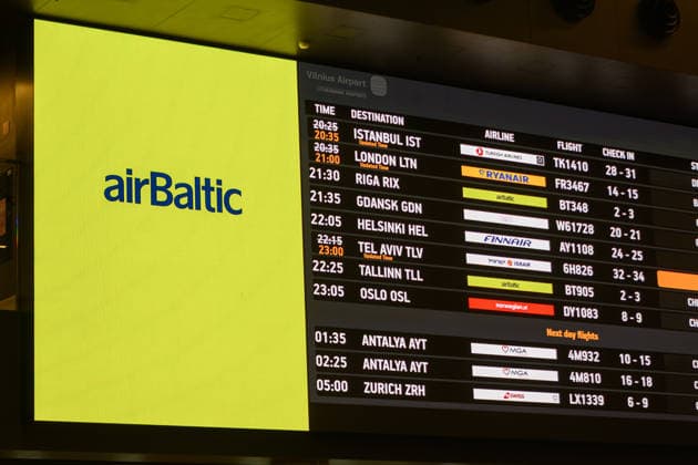 airBaltic files for bankruptcy protection VILNIUS, LITHUANIA - SEPTEMBER 17: A view of the departures screen at Vilnius Airport as the Latvia-based airBaltic files for restructuring under Chapter 11 bankruptcy protection in the United States amid rising fuel costs and liquidity pressures, in Vilnius, Lithuania, on September 17, 2026. Yauhen Yerchak Anadolu Vilnius Lithuania. Editorial use only. Please get in touch for any other usage.  Copyright: x2026xAnadoluxYauhenxYerchakx