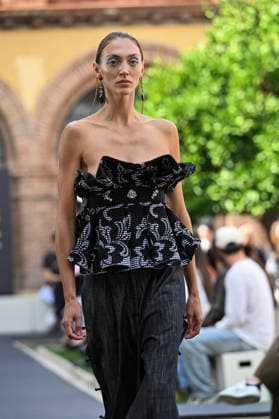 September 17, 2026, Madrid, Spain: A model parades with Odette Ãlvarez design during the Mercedes Benz Fashion Week Madrid at Cibeles Palace in Madrid. Madrid Spain  - ZUMAs197 20260917_aaa_s197_195 Copyright: xAtilanoxGarciax