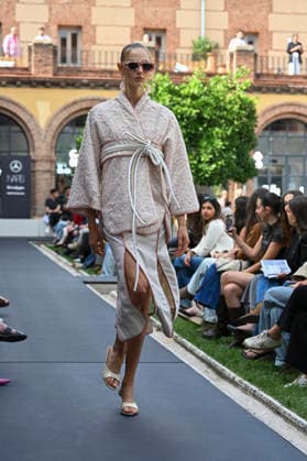 September 17, 2026, Madrid, Spain: A model parades with Odette Ãlvarez design during the Mercedes Benz Fashion Week Madrid at Cibeles Palace in Madrid. Madrid Spain  - ZUMAs197 20260917_aaa_s197_142 Copyright: xAtilanoxGarciax