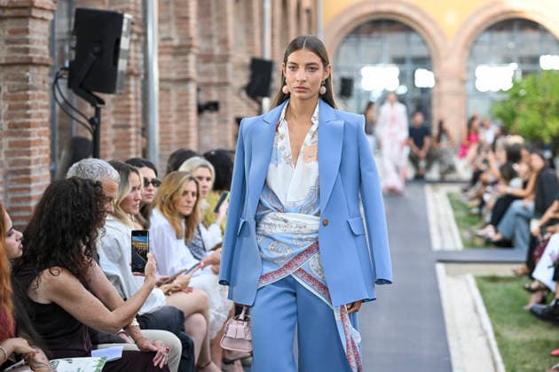 September 17, 2026, Madrid, Spain: A model parades with Isabel Sanchis design during the Mercedes Benz Fashion Week Madrid at Cibeles Palace in Madrid. Madrid Spain  - ZUMAs197 20260917_aaa_s197_350 Copyright: xAtilanoxGarciax