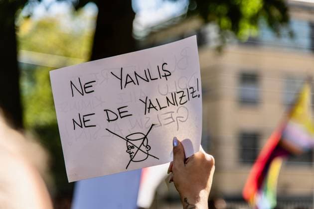 September 18, 2026, Berlin, Germany: BERLIN, GERMANY, SEPTEMBER 18, 2026: LGBTQ+ activists and supporters demonstrate outside the Turkish Embassy in Berlin in solidarity with LGBTQ+ communities in Turkey following a series of raids and arrests targeting activists and organizations. Demonstrators called for the release of those detained and condemned the Turkish authoritiesÃ¢â‚¬â ¢ recent actions against LGBTQ+ groups. Turkish authorities have carried out coordinated raids across multiple provinces as part of investigations involving LGBTQ+ organizations and activists. Berlin Germany  - ZUMAq101 20260918_zna_q101_061 Copyright: xAndro SxTrujillox