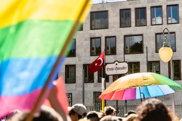 September 18, 2026, Berlin, Germany: BERLIN, GERMANY, SEPTEMBER 18, 2026: LGBTQ+ activists and supporters demonstrate outside the Turkish Embassy in Berlin in solidarity with LGBTQ+ communities in Turkey following a series of raids and arrests targeting activists and organizations. Demonstrators called for the release of those detained and condemned the Turkish authoritiesÃ¢â‚¬â ¢ recent actions against LGBTQ+ groups. Turkish authorities have carried out coordinated raids across multiple provinces as part of investigations involving LGBTQ+ organizations and activists. Berlin Germany  - ZUMAq101 20260918_zna_q101_062 Copyright: xAndro SxTrujillox