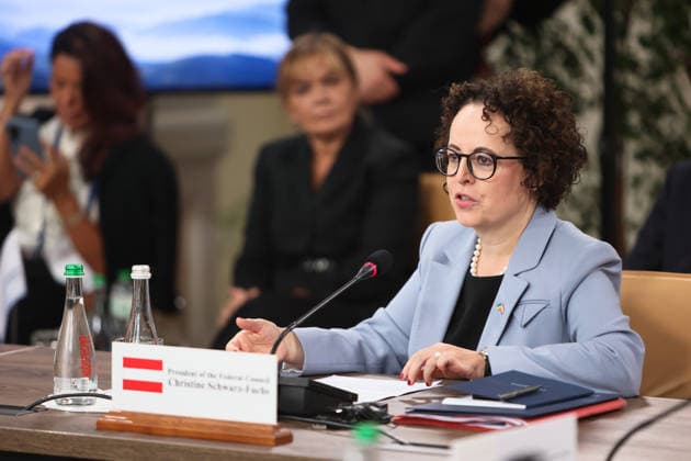 President of the Federal Council of Austria Christine Schwarz-Fuchs attends the first plenary sitting of the Carpathian 8 Summit in Ivano-Frankivsk region, Ukraine, September 18, 2026. On this day, President of Ukraine Volodymyr Zelenskyy announced the launch of a new format - the Carpathian Eight (C8) - comprising Austria, the Czech Republic, Hungary, Poland, Romania, Serbia, Slovakia, and Ukraine. (Photo by Yurii Rylchuk Ukrinform) Carpathian 8 Summit in western Ukraine Copyright: xYuriixRylchukx