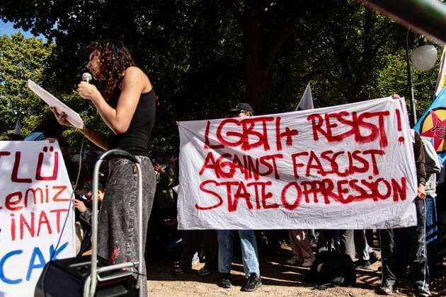 September 18, 2026, Berlin, Germany: BERLIN, GERMANY, SEPTEMBER 18, 2026: LGBTQ+ activists and supporters demonstrate outside the Turkish Embassy in Berlin in solidarity with LGBTQ+ communities in Turkey following a series of raids and arrests targeting activists and organizations. Demonstrators called for the release of those detained and condemned the Turkish authoritiesÃ¢â‚¬â ¢ recent actions against LGBTQ+ groups. Turkish authorities have carried out coordinated raids across multiple provinces as part of investigations involving LGBTQ+ organizations and activists. Berlin Germany - ZUMAq101 20260918_zna_q101_068 Copyright: xAndro SxTrujillox