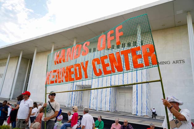 Demonstrators participate in the Hands Off the Arts Kennedy Center protest, objecting to President Donald Trump s call for the possibility of demolishing the Kennedy Center at the John F. Kennedy Center for the Performing Arts on Friday, September 18, 2026 in Washington DC. Several hundreds of activists held signs and walked the premises calling for President Trump to be removed as the chairman of the Kennedy Center.  WAP20260918901 LeighxVogel