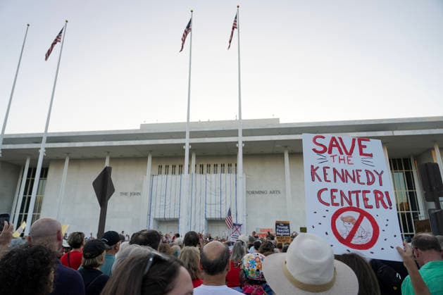 Demonstrators participate in the Hands Off the Arts Kennedy Center protest, objecting to President Donald Trump s call for the possibility of demolishing the Kennedy Center at the John F. Kennedy Center for the Performing Arts on Friday, September 18, 2026 in Washington DC. Several hundreds of activists held signs and walked the premises calling for President Trump to be removed as the chairman of the Kennedy Center.  WAP20260918908 LeighxVogel