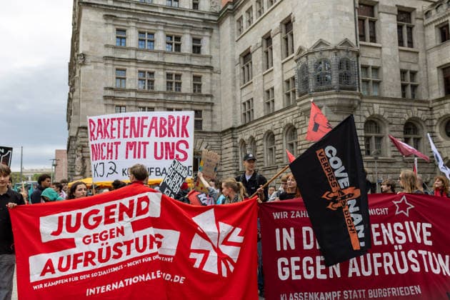 September 19, 2026, Leipzig, Saxony, Germany: Protesters take part in a demonstration against plans by US defense company Covenant to establish a missile production facility in the Leipzig region. The demonstration, organized by the alliance Ã¢â‚¬oeKeine Raketenfabrik in LeipzigÃ¢â‚¬Â (No Missile Factory in Leipzig), began at Augustusplatz in central Leipzig and called for the planned production of long-range Anthem cruise missiles to be stopped. Covenant plans to begin production in the Leipzig area in 2027. Protesters carried banners and placards calling for peace, disarmament and civilian employment instead of arms production. Leipzig Germany - ZUMAc291 20260919_zip_c291_010 Copyright: xMariaxCastrox