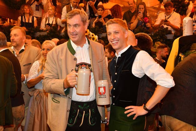 Bavarian state governor Markus Soeder and Dominik Krause (Munich mayor) during the 2026 Oktoberfest (Wiesn) opening at Schottenhamel tent at Theresienwiese on September 19, 2026 in Munich, Germany Oktoberfest (Wiesn) opening 2026 in Munich, Germany