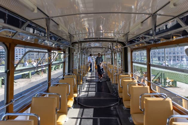 (260919) -- BUDAPEST, Sept. 19, 2026 -- People visit the interior of a tram during a car-free weekend event in Budapest, Hungary, on Sept. 19, 2026. Budapest is holding a car-free weekend on Sept. 19-20 as part of European Mobility Week, promoting environmentally friendly and sustainable travel through public transport vehicle displays, cycling activities and family events. ) HUNGARY-BUDAPEST-CAR-FREE WEEKEND HuxZhixuan 