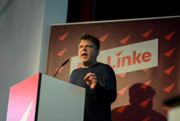 Sebastian Merkens (Landesgeschäftsführer und Spitzenkandidat Landtagswahl NRW 2027) bei der Generaldebatte, am 19.09.2026 Die Linke NRW Landesparteitag, vom 19.09. - 20.09.2026 in Mülheim an der Ruhr Deutschland. Stadthalle