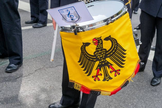 September 19, 2026, New York, New York, USA: German Coat of Arms on a drum in the annual German American Steuben Parade marched up Fifth Avenue .celebrating the German American community and Prussian General Friedrich Wilheim Von Steuben.who served with General George Washington during the Revolutionary War. It honors German American.identity with social clubs, religious groups, schools, sport clubs and musicians from Germany. New York USA  - ZUMAh156 20260919_znp_h156_008 Copyright: xMiloxHessx