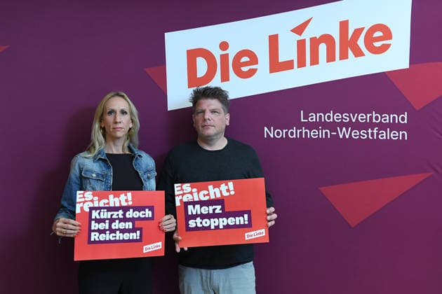 Landesparteitag Die Linke Nordrhein-Westfalen am 20.09.2026 in der Stadthalle Mülheim in Mülheim an der Ruhr Alexandra Mehdi, links - Sebastian Merkens, rechts ( designierte Spitzenkandidaten 2027 )