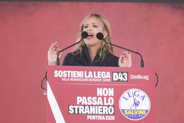 IPA88761583 - Pontida: A political rally held by Northern League activists on the large field in Pontida. Pictured: Silvia Sardone (Member of the European Parliament, mayoral candidate in the Milan municipal elections)  Copyright: xAlessandroxBremecx xx IPA88761583