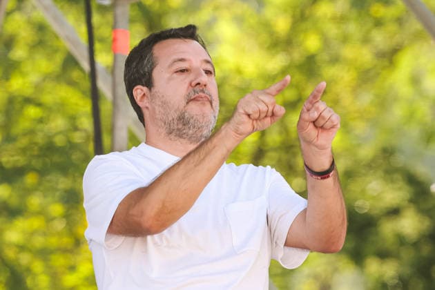 IPA88761533 - Pontida: A political rally held by Northern League activists on the large field in Pontida. Pictured: Matteo Salvini (Italian Minister of Infrastructure and Transportation)  Copyright: xAlessandroxBremecx xx IPA88761533
