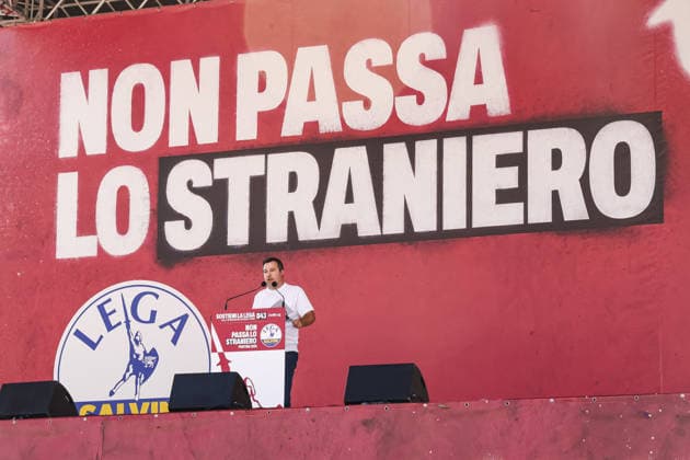 IPA88761561 - Pontida: A political rally held by Northern League activists on the large field in Pontida. Pictured: Matteo Salvini (Italian Minister of Infrastructure and Transportation)  Copyright: xAlessandroxBremecx xx IPA88761561