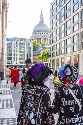 September 20, 2026, London, London, England: Pearly Kings and QueenÃ¢â‚¬â ¢s of London gather with city Mayors, Chelsea pensioner war veterans and dignitaries at Guildhall Yard for the annual Costermongers Harvest Festival celebration. Morris dancers and choirs performed along with the Pearly Kings and Queens who led a sing-a-long of traditional favourite songs such as: Ã¢â‚¬ËœKnees up Mother BrownÃ¢â‚¬â ¢ and Ã¢â‚¬ËœDoing the Lambeth walkÃ¢â‚¬â ¢. A procession followed to the spiritual home of LondonÃ¢â‚¬â ¢s Ã¢â‚¬ËœEastendersÃ¢â‚¬â ¢ at St Mary-le-Bow Church. Tradition has it that anyone born within earshot of the Bow Bells can claim to be a true Cockney. The march was led by a pearly prince carrying a plaited loaf of bread that was prese - ZUMAr169 20260920_zip_r169_013 Copyright: xRodxHarbinsonx