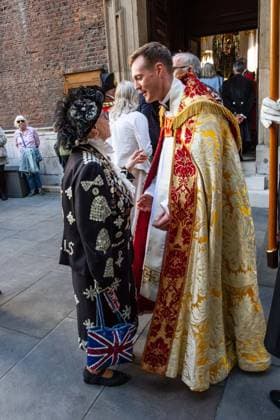 September 20, 2026, London, London, England: Pearly Kings and QueenÃ¢â‚¬â ¢s of London gather with city Mayors, Chelsea pensioner war veterans and dignitaries at Guildhall Yard for the annual Costermongers Harvest Festival celebration. Morris dancers and choirs performed along with the Pearly Kings and Queens who led a sing-a-long of traditional favourite songs such as: Ã¢â‚¬ËœKnees up Mother BrownÃ¢â‚¬â ¢ and Ã¢â‚¬ËœDoing the Lambeth walkÃ¢â‚¬â ¢. A procession followed to the spiritual home of LondonÃ¢â‚¬â ¢s Ã¢â‚¬ËœEastendersÃ¢â‚¬â ¢ at St Mary-le-Bow Church. Tradition has it that anyone born within earshot of the Bow Bells can claim to be a true Cockney. The march was led by a pearly prince carrying a plaited loaf of bread that was prese - ZUMAr169 20260920_zip_r169_021 Copyright: xRodxHarbinsonx