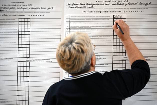 Russia Parliamentary Election Vote Counting 9248112 20.09.2026 A member of an electoral commission counts votes after the polls close on the final day of elections to Russia s ninth State Duma, the lower house of parliament, at a polling station in the village of Mirnoye, outside Simferopol, Republic of Crimea, Russia. Konstantin Mihalchevskiy Sputnik Republic of Crimea Russia  Copyright: xKonstantinxMihalchevskiyx