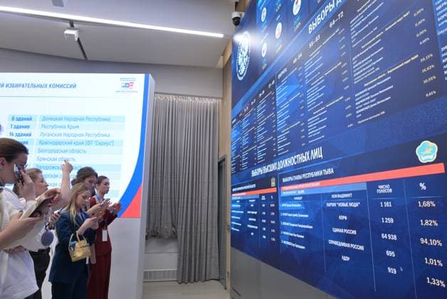 Russia Parliamentary Election CEC 9248152 20.09.2026 People stand next to screens showing voter turnout by electoral district in elections to Russia s ninth State Duma, the lower house of parliament, at the Russian Central Election Commission (CEC) Information Centre in Moscow, Russia. Alexey Nikolskiy Sputnik Moscow Russia  Copyright: xAlexeyxNikolskiyx