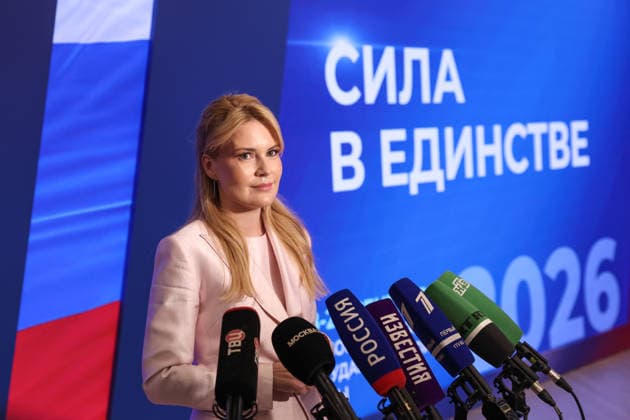 RUSSIA, MOSCOW - SEPTEMBER 20, 2026: Russian Federation Council member Darya Lantratova speaks at the United Russia Party s public support office during a meeting to discuss preliminary results of the 2026 Russian State Duma election. During the 2026 Single Voting Day, which lasted from 18 to 20 September, Russian citizens went to the polls to elect members of the Russian State Duma of the 9th convocation, as well as to vote in regional parliamentary and local government elections. Valery Sharifulin TASS  98033222