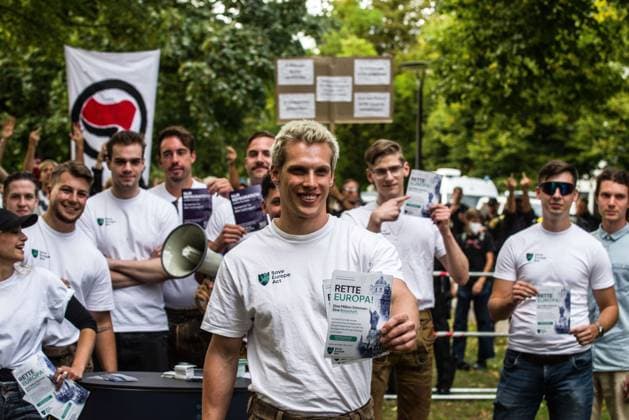 September 20, 2026, Munich, Bavaria, Germany: Coinciding with Oktoberfest, a group of right-extremists from the Identitaere Bewegung held a rally under the Banner of the Save Europe Act which includes, according to them, guidelines for the so-called Remigration. Some members discussed Remigration to include non-native born Germans, as they feel they can never be German, even if they hit all integration points. Critics in Germany see it as eyebrow-raising that the Identitaere leader, Martin Sellner, is an Austrian that is essentially making German policy and can play a greater role in government should the AfD take power. Munich Germany - ZUMAb160 20260920_abp_b160_017 Copyright: xSachellexBabbarx