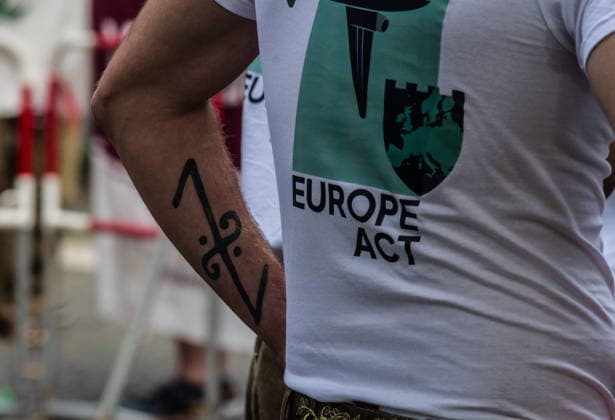 September 20, 2026, Munich, Bavaria, Germany: Coinciding with Oktoberfest, a group of right-extremists from the Identitaere Bewegung held a rally under the Banner of the Save Europe Act which includes, according to them, guidelines for the so-called Remigration. Some members discussed Remigration to include non-native born Germans, as they feel they can never be German, even if they hit all integration points. Critics in Germany see it as eyebrow-raising that the Identitaere leader, Martin Sellner, is an Austrian that is essentially making German policy and can play a greater role in government should the AfD take power. Munich Germany - ZUMAb160 20260920_abp_b160_027 Copyright: xSachellexBabbarx