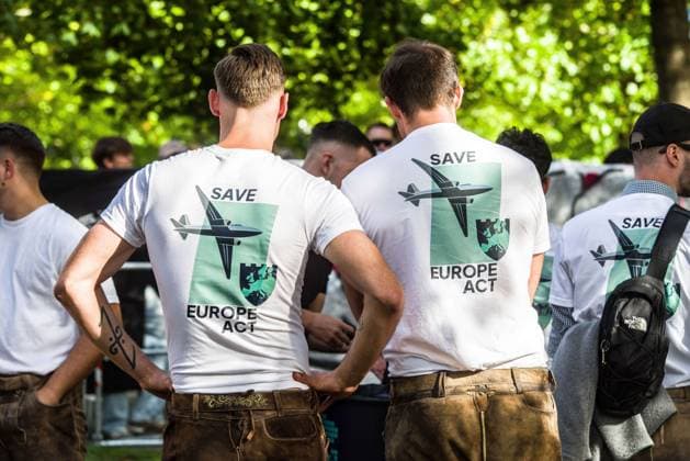September 20, 2026, Munich, Bavaria, Germany: Coinciding with Oktoberfest, a group of right-extremists from the Identitaere Bewegung held a rally under the Banner of the Save Europe Act which includes, according to them, guidelines for the so-called Remigration. Some members discussed Remigration to include non-native born Germans, as they feel they can never be German, even if they hit all integration points. Critics in Germany see it as eyebrow-raising that the Identitaere leader, Martin Sellner, is an Austrian that is essentially making German policy and can play a greater role in government should the AfD take power. Munich Germany - ZUMAb160 20260920_abp_b160_029 Copyright: xSachellexBabbarx