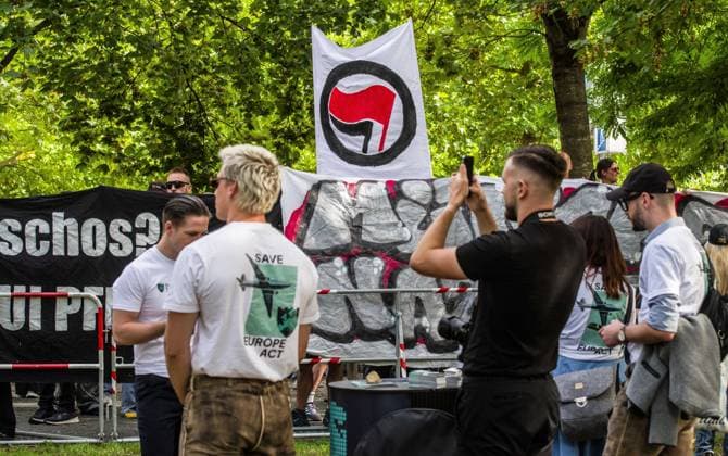 September 20, 2026, Munich, Bavaria, Germany: Coinciding with Oktoberfest, a group of right-extremists from the Identitaere Bewegung held a rally under the Banner of the Save Europe Act which includes, according to them, guidelines for the so-called Remigration. Some members discussed Remigration to include non-native born Germans, as they feel they can never be German, even if they hit all integration points. Critics in Germany see it as eyebrow-raising that the Identitaere leader, Martin Sellner, is an Austrian that is essentially making German policy and can play a greater role in government should the AfD take power. Munich Germany - ZUMAb160 20260920_abp_b160_023 Copyright: xSachellexBabbarx