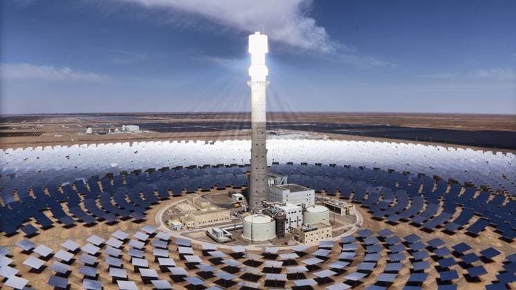 GOLMUD, CHINA - SEPTEMBER 19: A molten salt tower solar thermal power station stands on the Gobi Desert on September 19, 2026 in Golmud, Qinghai Province of China. The facility generates renewable energy using concentrated solar power technology.  Copyright: xVCGx 111668318948