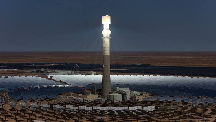 GOLMUD, CHINA - SEPTEMBER 19: A molten salt tower solar thermal power station stands on the Gobi Desert on September 19, 2026 in Golmud, Qinghai Province of China. The facility generates new energy electricity using concentrated solar power technology.  Copyright: xVCGx 111668318941