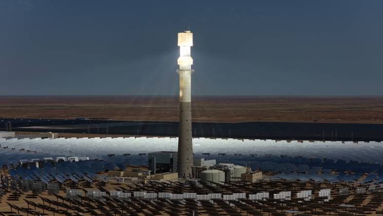 GOLMUD, CHINA - SEPTEMBER 19: A molten salt tower solar power station stands on the Gobi Desert on September 19, 2026 in Golmud, Qinghai Province of China. The facility utilizes concentrated solar power technology to generate electricity.  Copyright: xVCGx 111668318943
