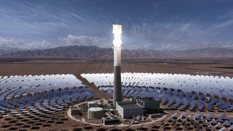 GOLMUD, CHINA - SEPTEMBER 19: A molten salt tower solar power station stands on the Gobi Desert on September 19, 2026 in Golmud, Qinghai Province of China. The facility utilizes concentrated solar power technology to generate electricity.  Copyright: xVCGx 111668318930