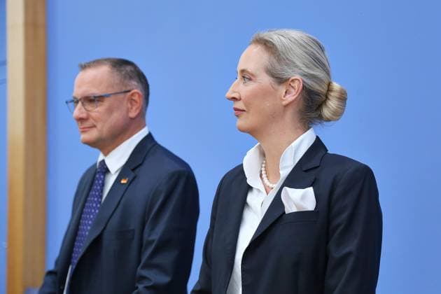 Berlin, Deutschland, 21.09.2026: Bundespressekonferenz: AfD - Auswirkungen der Landtagswahlen in Berlin und Mecklenburg-Vorpommern auf die Bundespolitik: Die AfD-Vorsitzenden Tino Chrupalla und Alice Weidel Copyright: xdtsxNachrichtenagenturx dts_135641