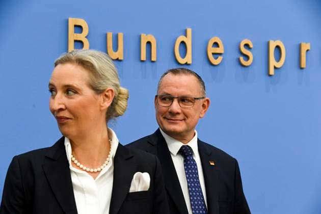ABB BPK- Alice Weidel, Bundessprecherin der AfD und Co-Vorsitzende der AfD-Fraktion , Tino Chrupalla, Bundessprecher der AfD und Co-Vorsitzender der AfD-Fraktion Thema AfD - Auswirkungen der Landtagswahlen in Berlin und Mecklenburg-Vorpommern auf die Bundespolitik Statment auf der BPK Bundespressekonferenz am 21.09.2026 in Berlin Berlin Deutschland