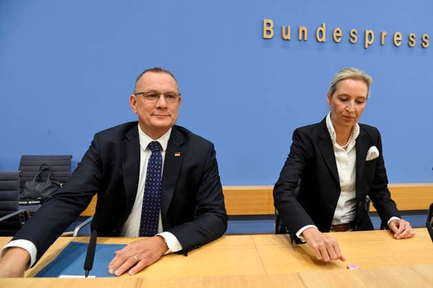 ABB BPK- , Tino Chrupalla, Bundessprecher der AfD und Co-Vorsitzender der AfD-Fraktion Alice Weidel, Bundessprecherin der AfD und Co-Vorsitzende der AfD-Fraktion Thema AfD - Auswirkungen der Landtagswahlen in Berlin und Mecklenburg-Vorpommern auf die Bundespolitik Statment auf der BPK Bundespressekonferenz am 21.09.2026 in Berlin Berlin Deutschland