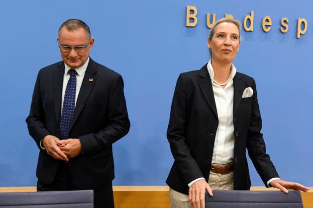 ABB BPK- , Tino Chrupalla, Bundessprecher der AfD und Co-Vorsitzender der AfD-Fraktion Alice Weidel, Bundessprecherin der AfD und Co-Vorsitzende der AfD-Fraktion Thema AfD - Auswirkungen der Landtagswahlen in Berlin und Mecklenburg-Vorpommern auf die Bundespolitik Statment auf der BPK Bundespressekonferenz am 21.09.2026 in Berlin Berlin Deutschland