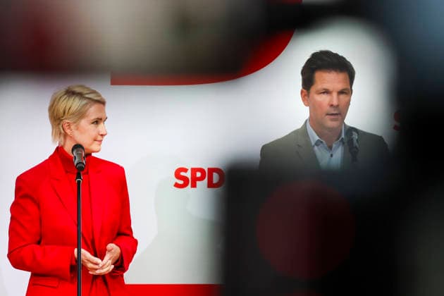 Manuela Schwesig und Steffen Krach bei der Pressekonferenz nach den Landtagswahlen in Berlin und Mecklenburg Vorpommern im Willy Brandt Haus am 21.09.26 SPD-Spitze zur PK nach Landtagswahlen in Berlin