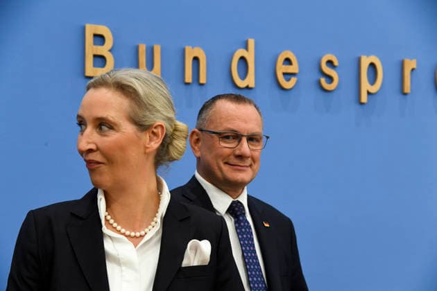 ABB BPK- Alice Weidel, Bundessprecherin der AfD und Co-Vorsitzende der AfD-Fraktion , Tino Chrupalla, Bundessprecher der AfD und Co-Vorsitzender der AfD-Fraktion Thema AfD - Auswirkungen der Landtagswahlen in Berlin und Mecklenburg-Vorpommern auf die Bundespolitik Statment auf der BPK Bundespressekonferenz am 21.09.2026 in Berlin Berlin Deutschland