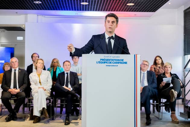 Paris, France September 21, 2026 - Press conference held by the Renaissance Party to announce new members of the campaign team for the upcoming presidential election. Gabriel Attal, the Renaissance Party candidate, is projected to receive 12 to 12.5 percent of the vote in the upcoming French presidential election, according to recent polls - Gabriel Attal POLITIQUE, ATTAL, RENAISSANCE,  Copyright: xVincentxIsorex