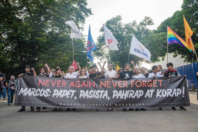 September 21, 2026, Quezon City, Quezon, Philippines: Thousands of Filipinos and various progressive groups from multiple sectors protested through the streets of Manila until Recto Ave, commemorating 54 years since the decalaration of Martial Law by late President Marcos Sr, father of current president Marcos Jr. The protesters were stopped at by the Philippine National Police s barricades. Quezon City Philippines - ZUMAy102 20260921_zip_y102_004 Copyright: xKenosisxYapx