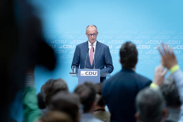 Konrad-Adenauer-Haus, CDU, Pressekonferenz Berlin, Konrad-Adenauer-Haus, CDU, Parteivorsitzender, Bundeskanzler Friedrich Merz, Spitzenkandidat, Stefan Evers Berlin Berlin GER