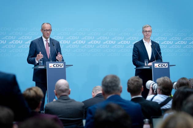 Konrad-Adenauer-Haus, CDU, Pressekonferenz Berlin, Konrad-Adenauer-Haus, CDU, Parteivorsitzender, Bundeskanzler Friedrich Merz, Spitzenkandidat, Stefan Evers Berlin Berlin GER