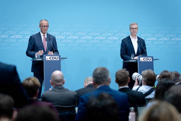 Konrad-Adenauer-Haus, CDU, Pressekonferenz Berlin, Konrad-Adenauer-Haus, CDU, Parteivorsitzender, Bundeskanzler Friedrich Merz, Spitzenkandidat, Stefan Evers Berlin Berlin GER