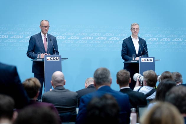 Konrad-Adenauer-Haus, CDU, Pressekonferenz Berlin, Konrad-Adenauer-Haus, CDU, Parteivorsitzender, Bundeskanzler Friedrich Merz, Spitzenkandidat, Stefan Evers Berlin Berlin GER
