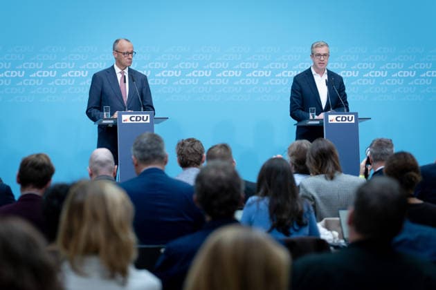 Konrad-Adenauer-Haus, CDU, Pressekonferenz Berlin, Konrad-Adenauer-Haus, CDU, Parteivorsitzender, Bundeskanzler Friedrich Merz, Spitzenkandidat, Stefan Evers Berlin Berlin GER