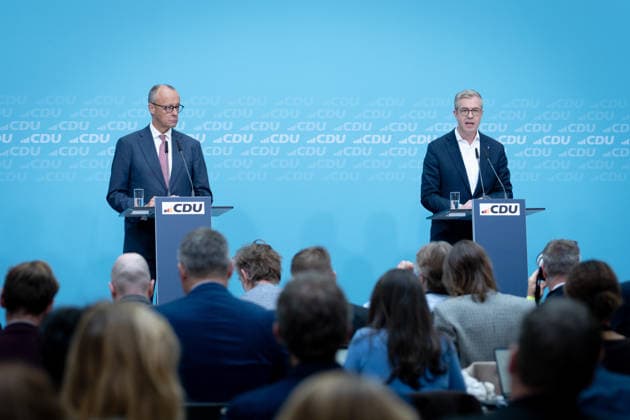 Konrad-Adenauer-Haus, CDU, Pressekonferenz Berlin, Konrad-Adenauer-Haus, CDU, Parteivorsitzender, Bundeskanzler Friedrich Merz, Spitzenkandidat, Stefan Evers Berlin Berlin GER
