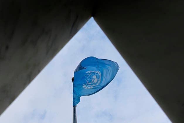 The United Nations flag flies at the 81st session of the United Nations General Assembly at the United Nations Headquarters on Monday, September 21, 2026 in New York City.  NYP20260921401 PETERxFOLEY