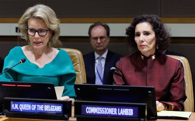 Queen Mathilde of Belgium and EU Commissioner for Equality, Preparedness and Crisis Management Hadja Lahbib pictured during the 81st session of the United Nations General Assembly (UNGA81), in New York City, United States of America, Monday 21 September 2026.  BENOITxDOPPAGNE 187303595