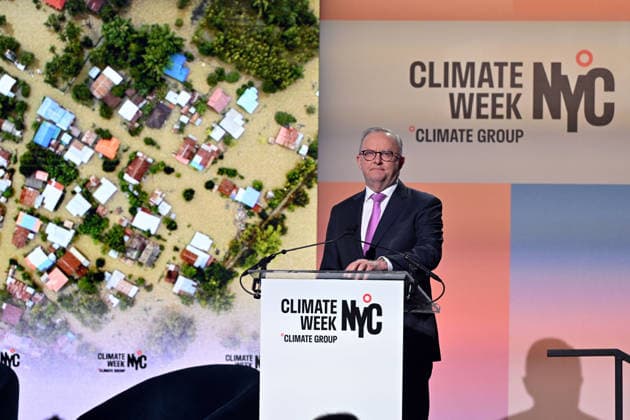 ANTHONY ALBANESE UNITED STATES VISIT, Australia™s Prime Minister Anthony Albanese speaks at the opening ceremony of the Climate Week NYC event ahead of the United Nations General Assembly in New York, Monday, September 21, 2026. ( NO ARCHIVING NEW YORK New York United States of America  Copyright: xMICKxTSIKASx 20260922123165463421